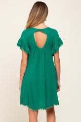 Green Frayed Trim Back Keyhole Linen Maternity Dress