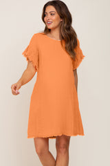 Orange Frayed Trim Back Keyhole Linen Maternity Dress