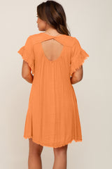 Orange Frayed Trim Back Keyhole Linen Maternity Dress