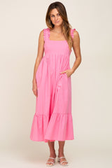 Pink Ruffle Accent Back Tie Midi Dress