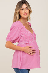 Fuchsia Gingham Smocked Puff Sleeve Maternity Top