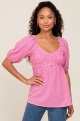 Fuchsia Gingham Smocked Puff Sleeve Maternity Top