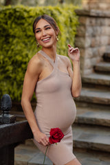 Mocha Ribbed Knit Halter Neck Maternity Fitted Dress