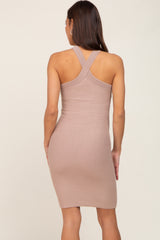 Mocha Ribbed Knit Halter Neck Maternity Fitted Dress