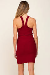 Burgundy Ribbed Knit Halter Neck Maternity Fitted Dress