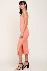 Peach Ribbed Knit Side Slit Midi Dress