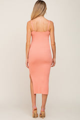 Peach Ribbed Knit Side Slit Maternity Midi Dress