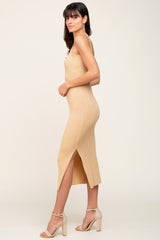 Beige Ribbed Knit Side Slit Midi Dress