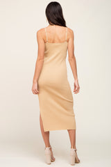 Beige Ribbed Knit Side Slit Midi Dress