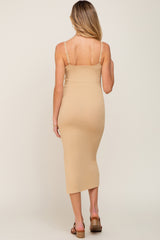 Beige Ribbed Knit Side Slit Maternity Midi Dress