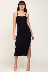 Black Ribbed Knit Side Slit Maternity Midi Dress