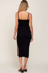 Black Ribbed Knit Side Slit Maternity Midi Dress