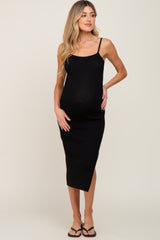 Black Ribbed Knit Side Slit Maternity Midi Dress