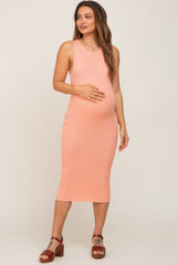 Peach Ribbed Racerback Maternity Midi Dress