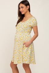 Yellow Floral Short Sleeve Maternity Dress