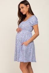 Blue Floral Short Sleeve Maternity Dress