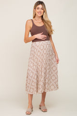 Beige Printed Pleated Maternity Midi Skirt