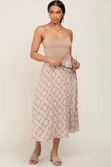 Beige Printed Pleated Midi Skirt