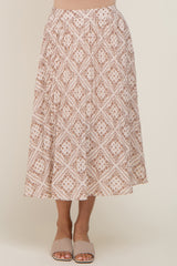 Beige Printed Pleated Midi Skirt