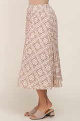 Beige Printed Pleated Midi Skirt