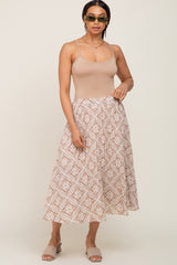 Beige Printed Pleated Midi Skirt