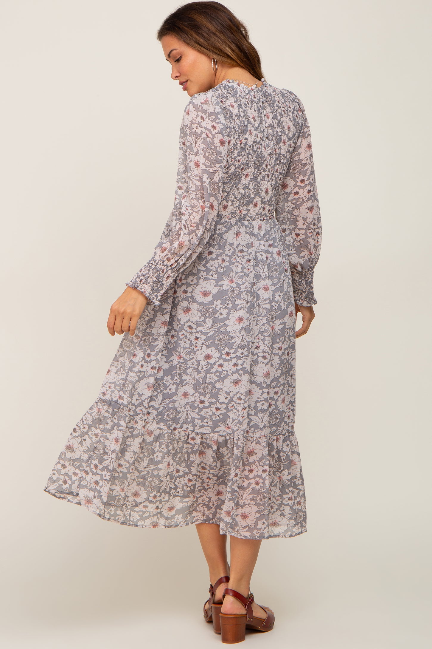 Grey Floral Smocked Long Sleeve Maternity Maxi Dress