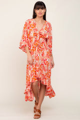 Orange Floral Front Tie Ruffle Hi-Low Midi Dress