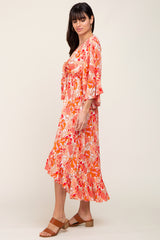 Orange Floral Front Tie Ruffle Hi-Low Midi Dress