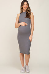 Olive Ribbed Mock Neck Maternity Dress