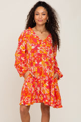 Coral Floral Button Front Ruffle Accent Maternity Dress