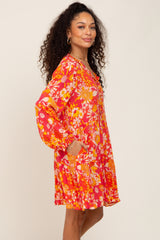 Coral Floral Button Front Ruffle Accent Dress