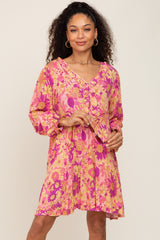 Pink Floral Button Front Ruffle Accent Dress