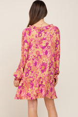 Pink Floral Button Front Ruffle Accent Maternity Dress