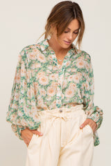 Green Floral Button Up Blouse