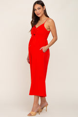 Red Sleeveless Ruched Drawstring Maternity Jumpsuit