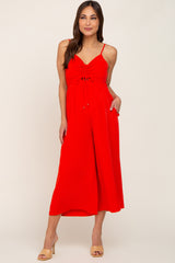 Red Sleeveless Ruched Drawstring Maternity Jumpsuit