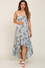 Light Blue Floral Lace Up Back Hi-Low Maternity Midi Dress