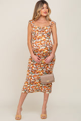 Mocha Floral Fitted Maternity Midi Dress