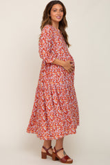 Coral Floral V-Neck Tiered Maternity Midi Dress