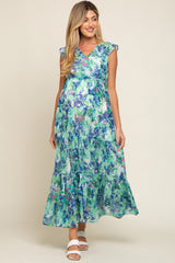 Blue Floral Ruffle Accent Waist Tie Maternity Maxi Dress