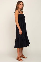 Black Smocked Shoulder Tie Midi Dress