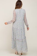 Mint Green Printed Long Sleeve Maxi Dress