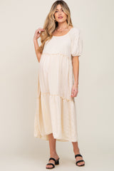 Cream Off Shoulder Short Sleeve Ruffle Tiered Maternity Midi Dress