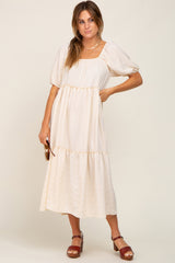 Cream Off Shoulder Short Sleeve Ruffle Tiered Midi Dress