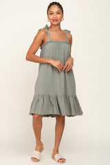 Light Olive Linen Square Neck Tie Strap Ruffle Hem Dress