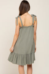 Light Olive Linen Square Neck Tie Strap Ruffle Hem Maternity Dress