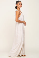 Beige Linen V-Neck Tie Strap Maxi Dress