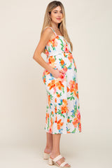 Ivory Floral Square Neck Ruffle Maternity Midi Dress