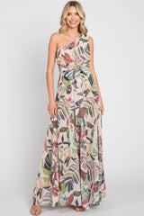 Taupe Leaf Print Chiffon One Shoulder A-Line Waist Tie Maternity Maxi Dress