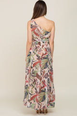 Taupe Leaf Print Chiffon One Shoulder A-Line Waist Tie Maternity Maxi Dress